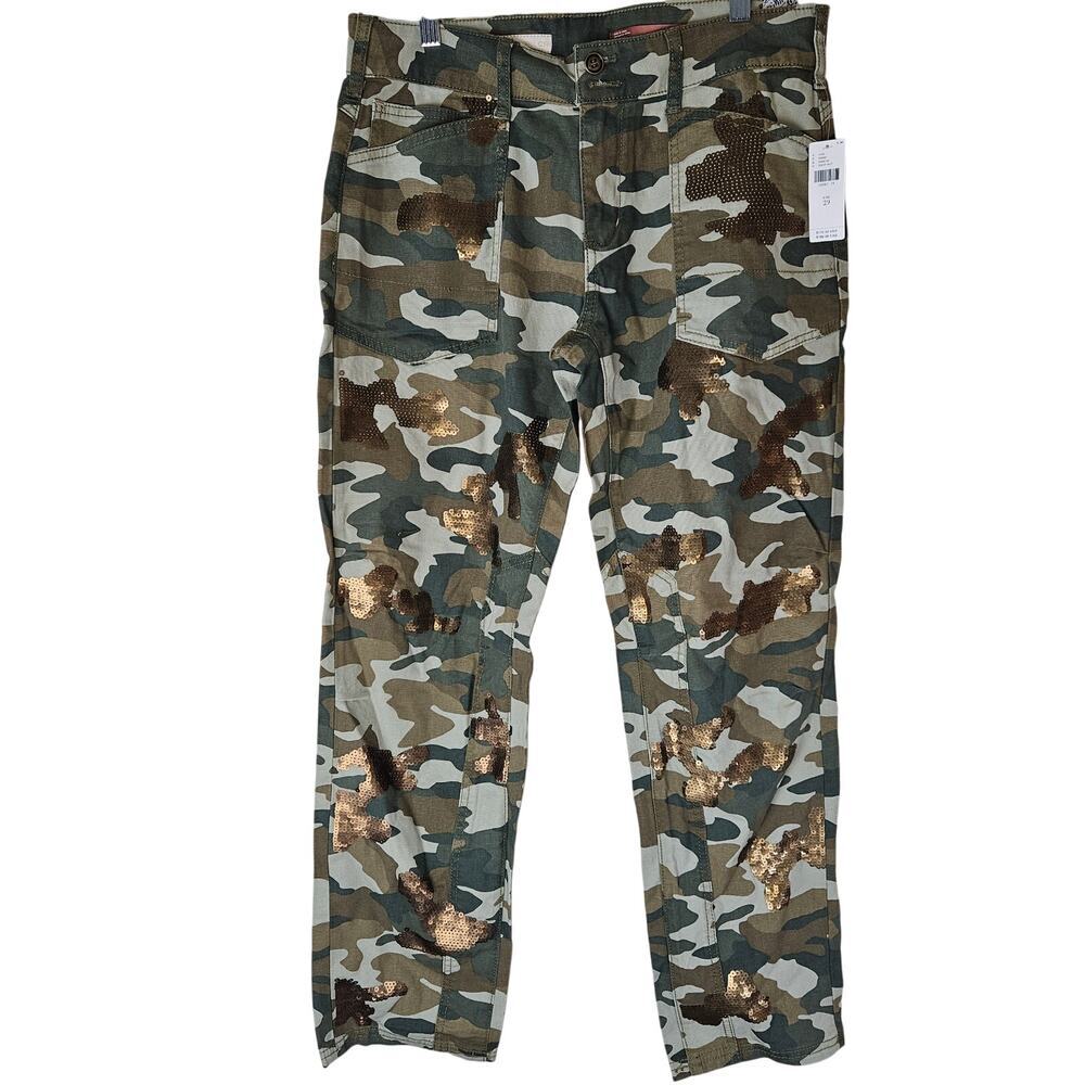 Anthropologie Camo Ankle Pants with Gold Sequin Accents